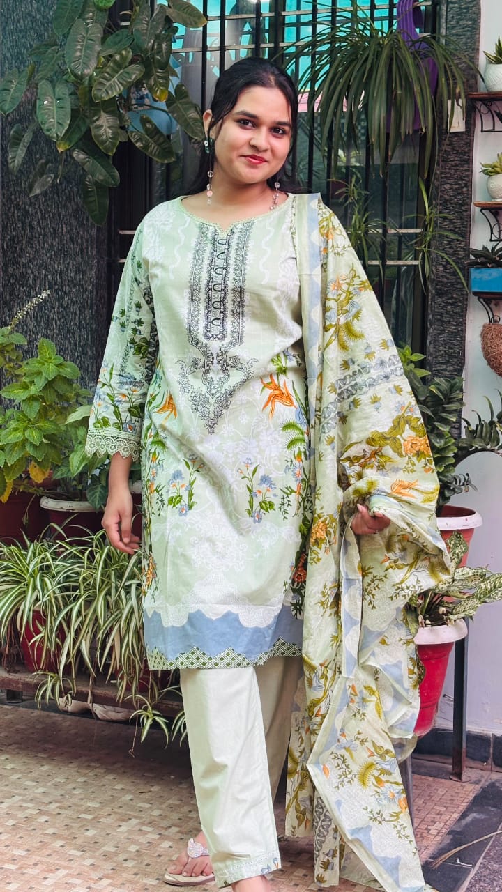 Pista Green Digital Print lawn Kurti Pant Dupatta Set