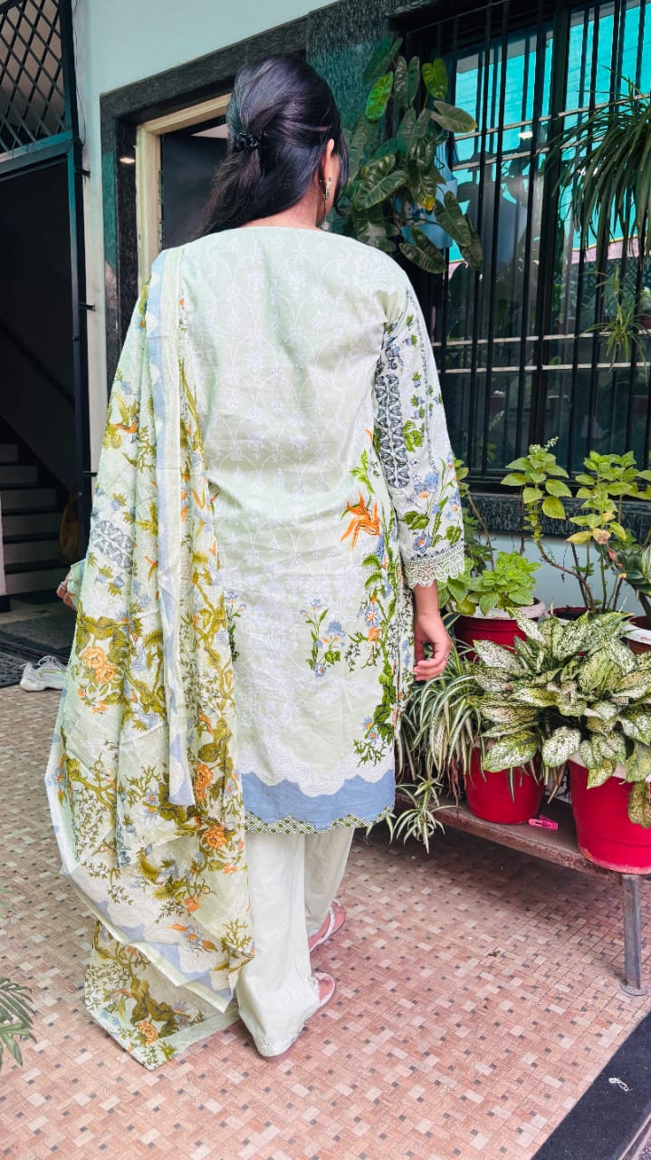 Pista Green Digital Print lawn Kurti Pant Dupatta Set