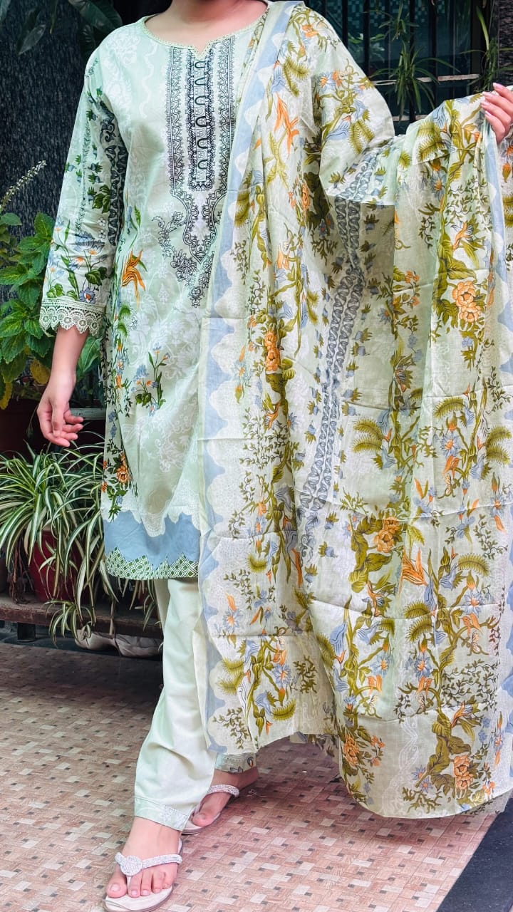 Pista Green Digital Print lawn Kurti Pant Dupatta Set