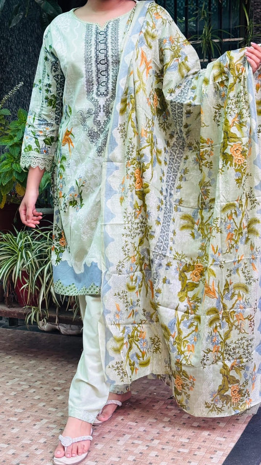 Pista Green Digital Print Kurti Pant Dupatta Set