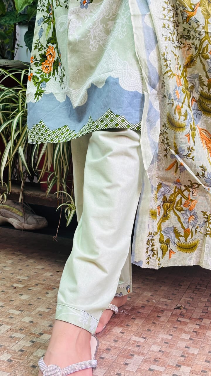 Pista Green Digital Print lawn Kurti Pant Dupatta Set