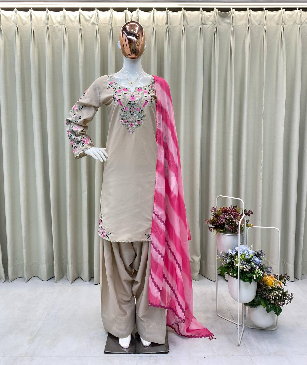 Soft Beige Embroidered Farsi Salwar & Pink Tie-Dye Dupatta set