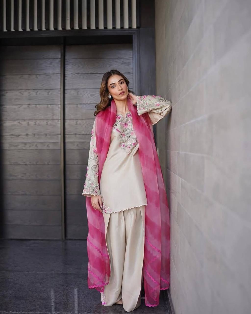 Soft Beige Embroidered Farsi Salwar & Pink Tie-Dye Dupatta set
