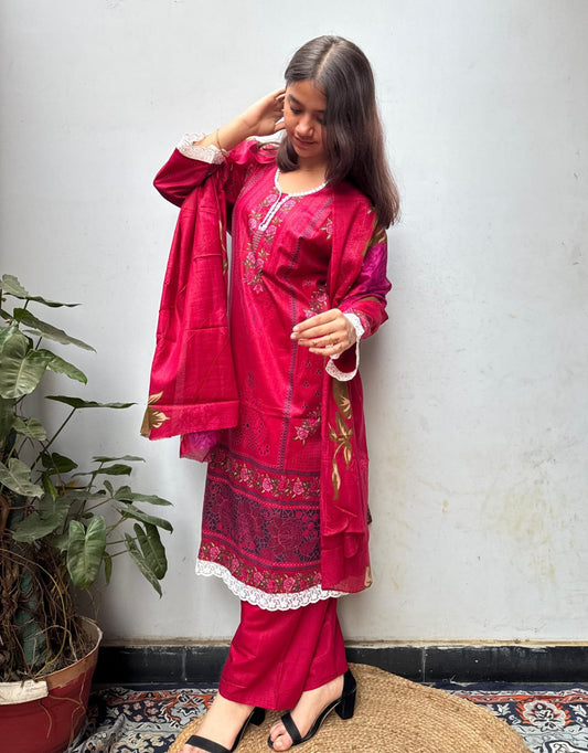 Maroon Digital Printed Kurti Pant Dupatta Set