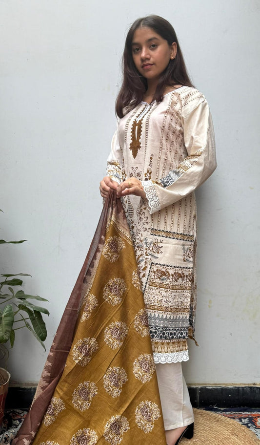 Beige & Mustard Brown Digital Print Kurti Pant Dupatta Set