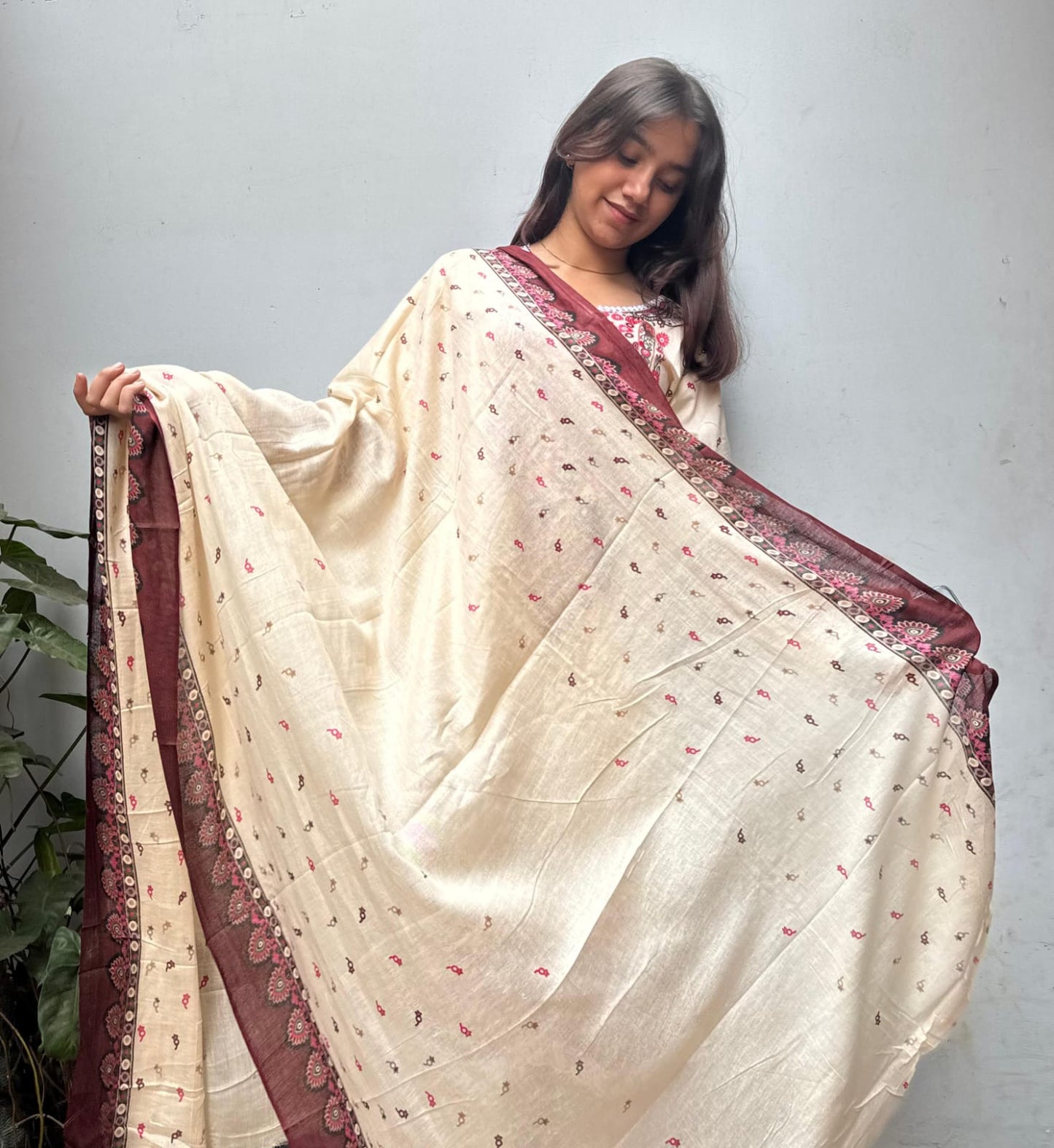 Cream Red cotton lawn Kurti Set,