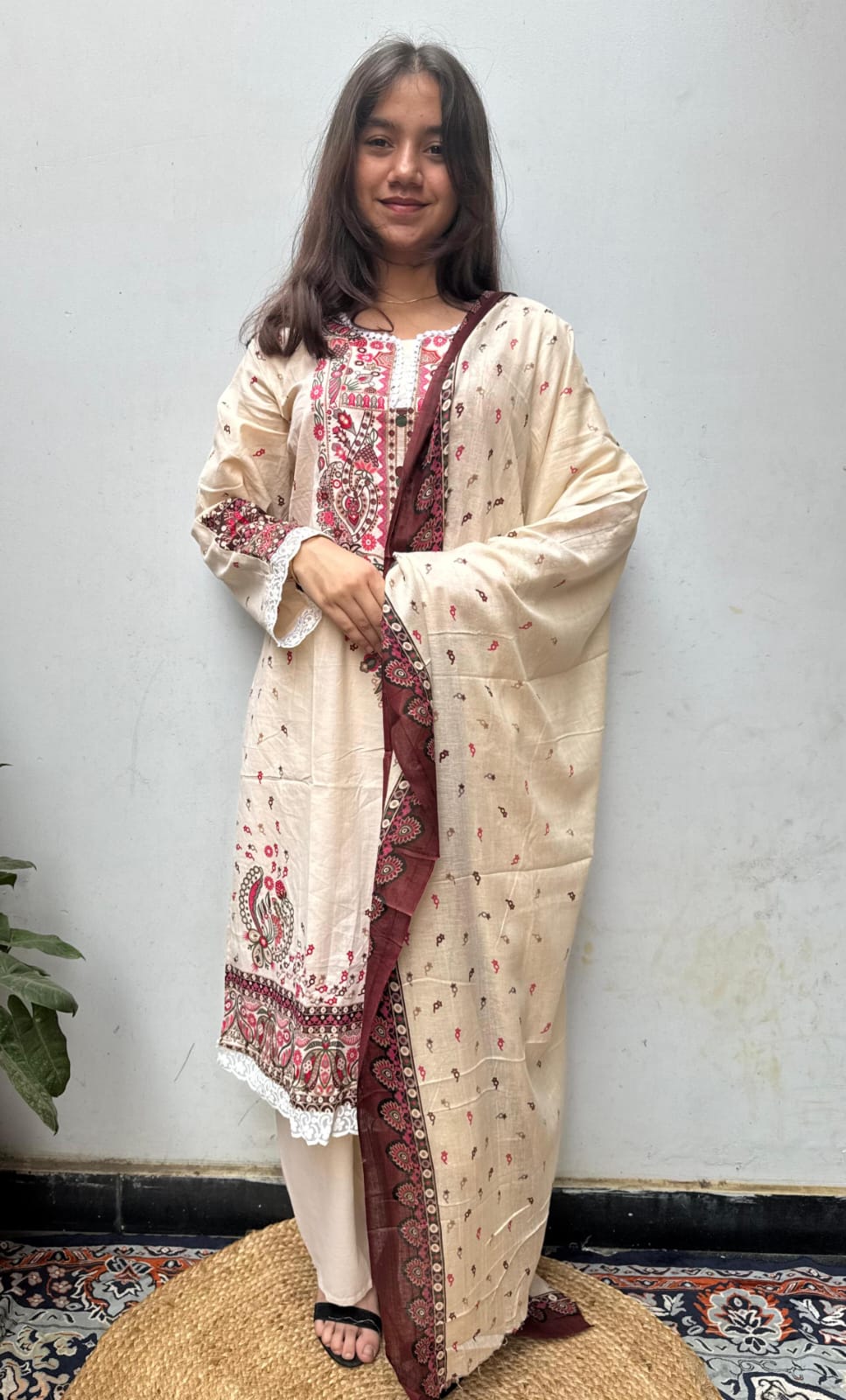Cream Red cotton lawn Kurti Set,