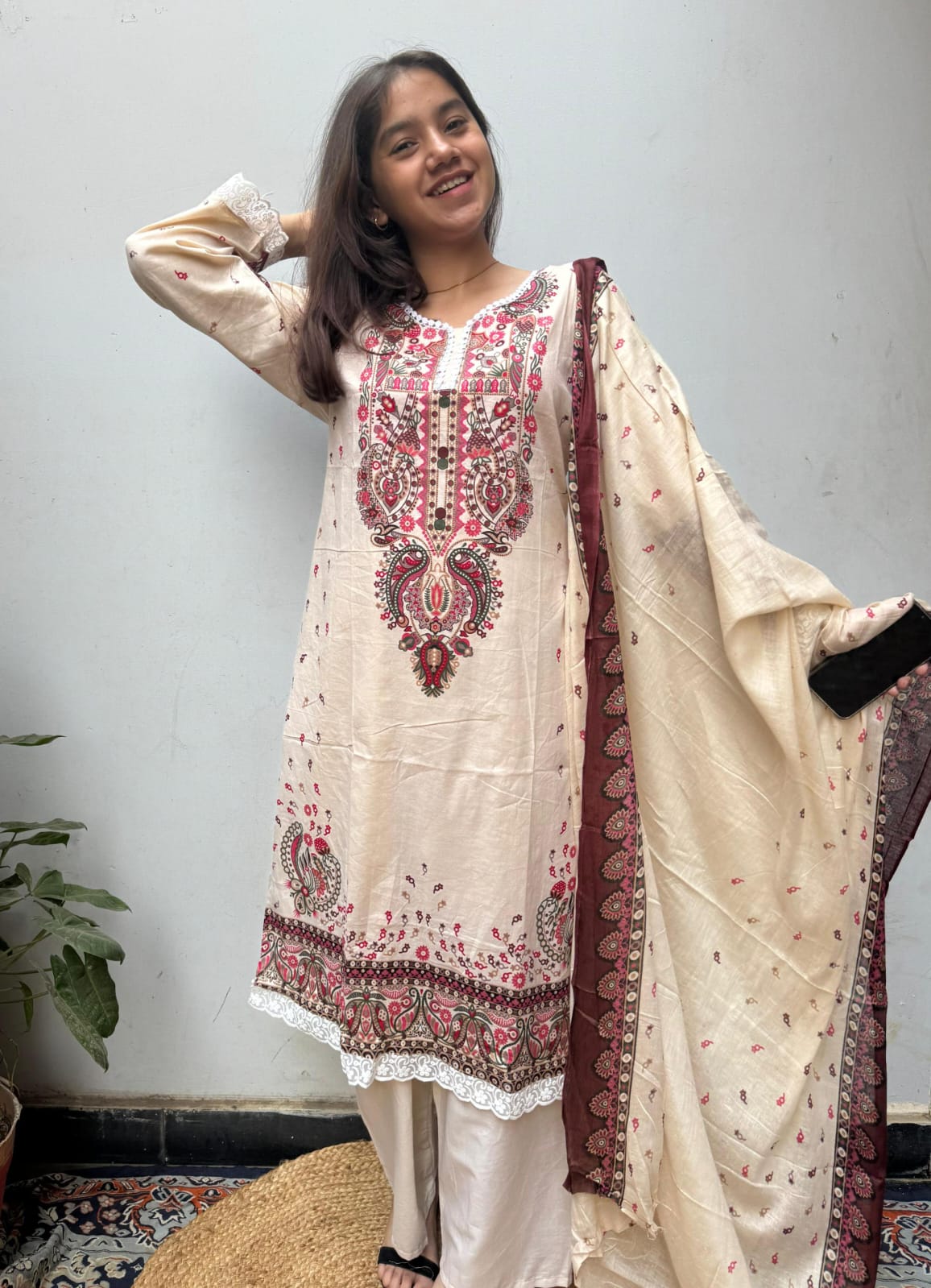 Cream Red cotton lawn Kurti Set,