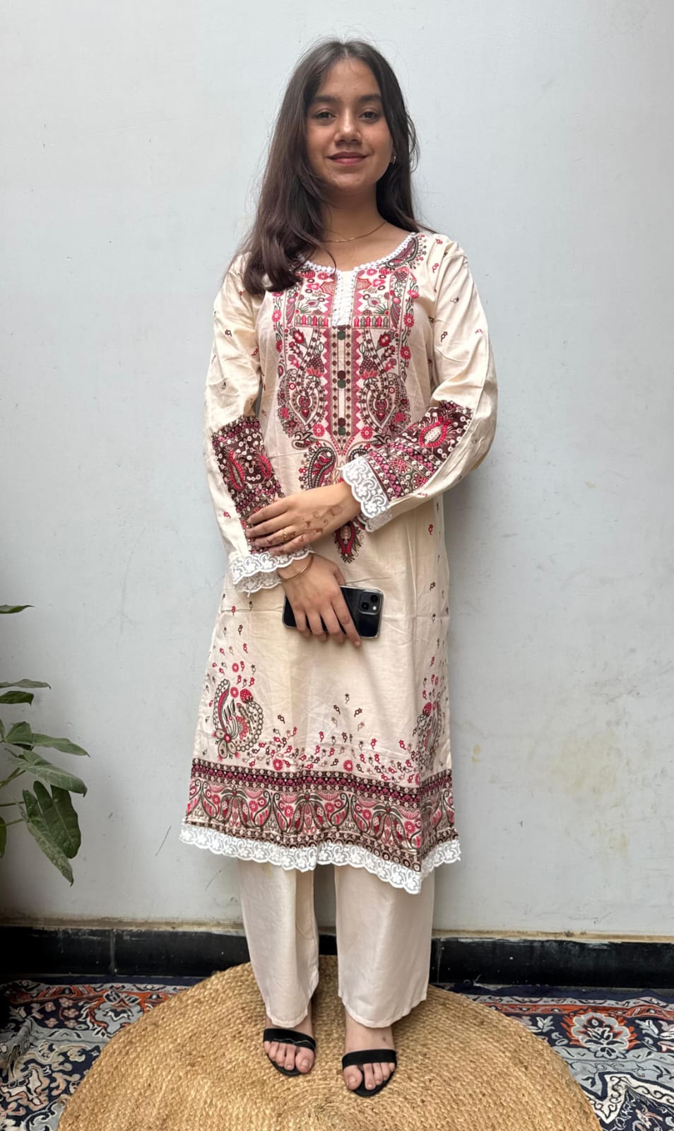 Cream Red cotton lawn Kurti Set,