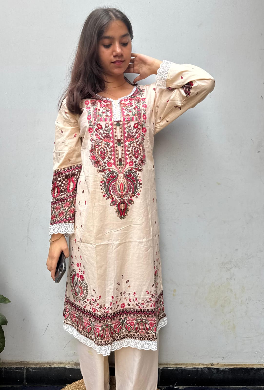 Cream Red cotton lawn Kurti Set,