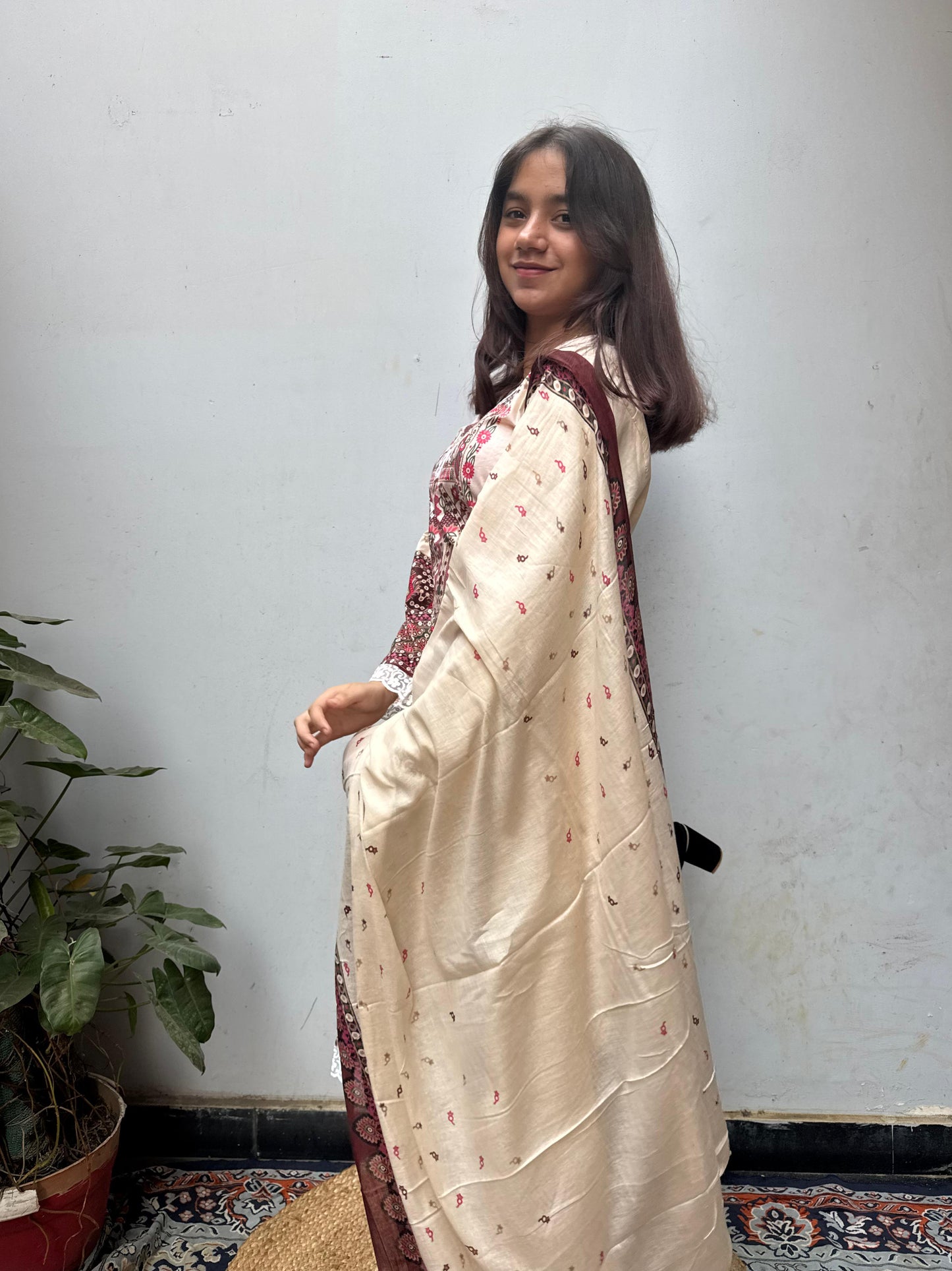 Cream Red cotton lawn Kurti Set,