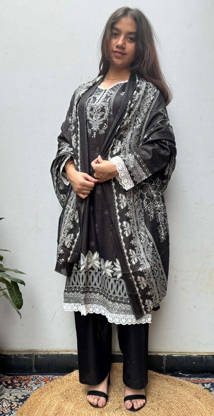 Black white cotton lawn Kurti Set