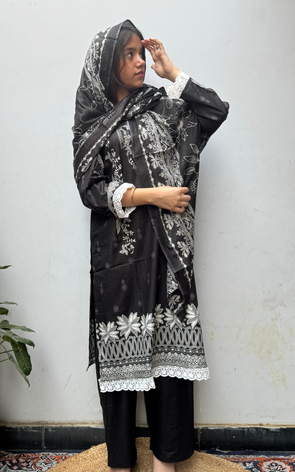 Black white cotton lawn Kurti Set