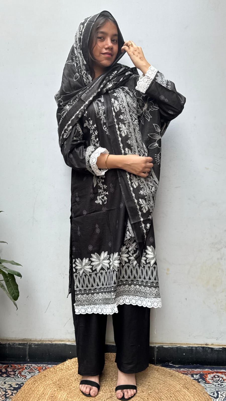 Black white cotton lawn Kurti Set