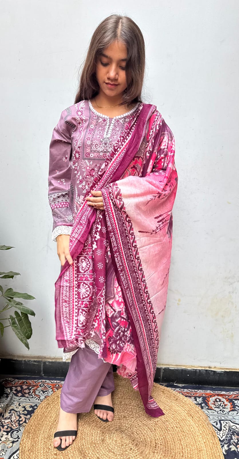 Wine Purple Digital Print Kurti Pant Dupatta Set