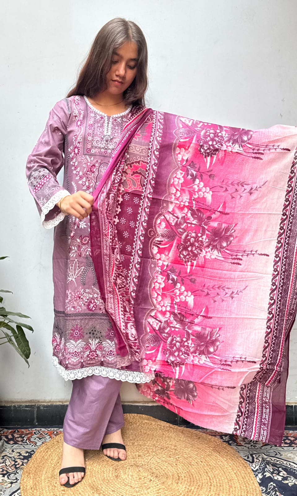 Wine Purple Digital Print Kurti Pant Dupatta Set