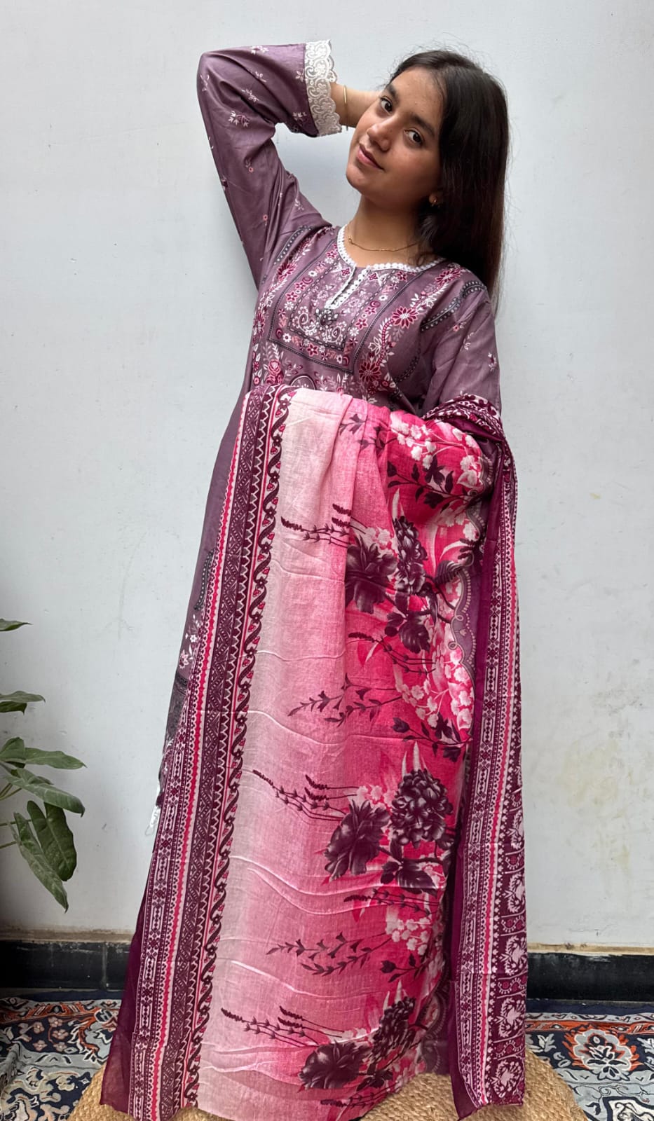 Wine Purple Digital Print Kurti Pant Dupatta Set