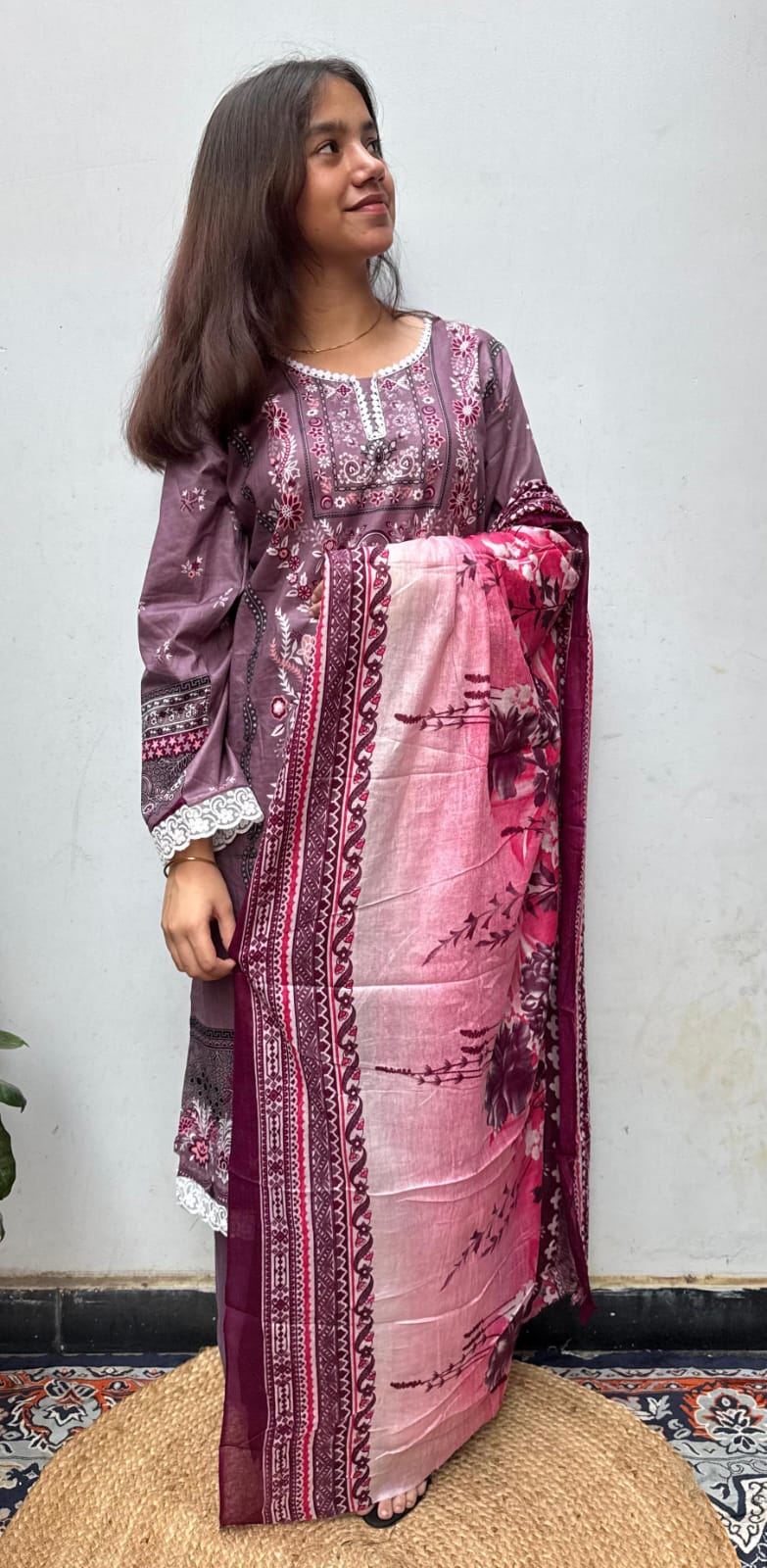 Wine Purple Digital Print Kurti Pant Dupatta Set