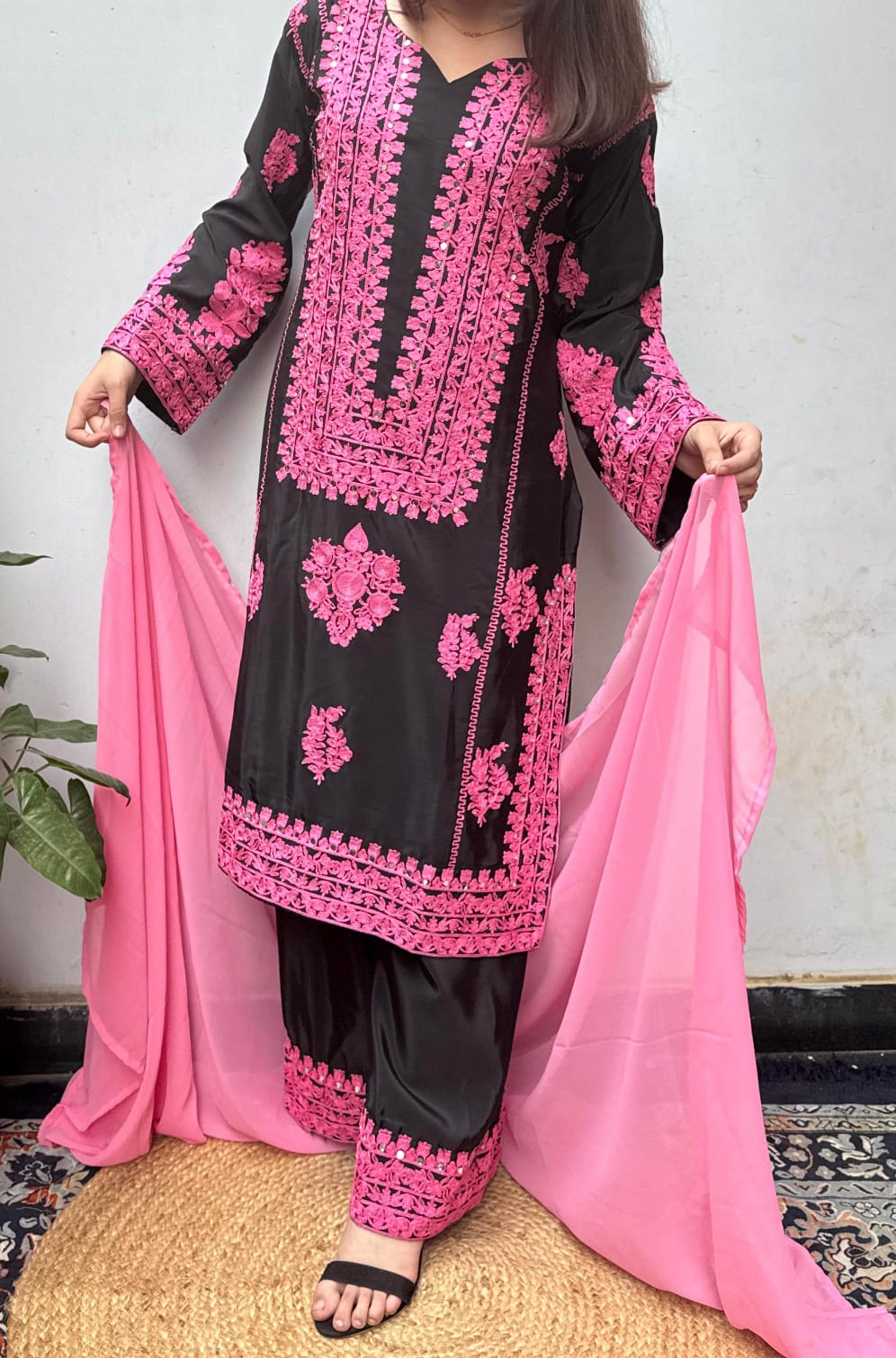 Black Pink Heavy Embroidered  Farsi Salwar Dupatta Set