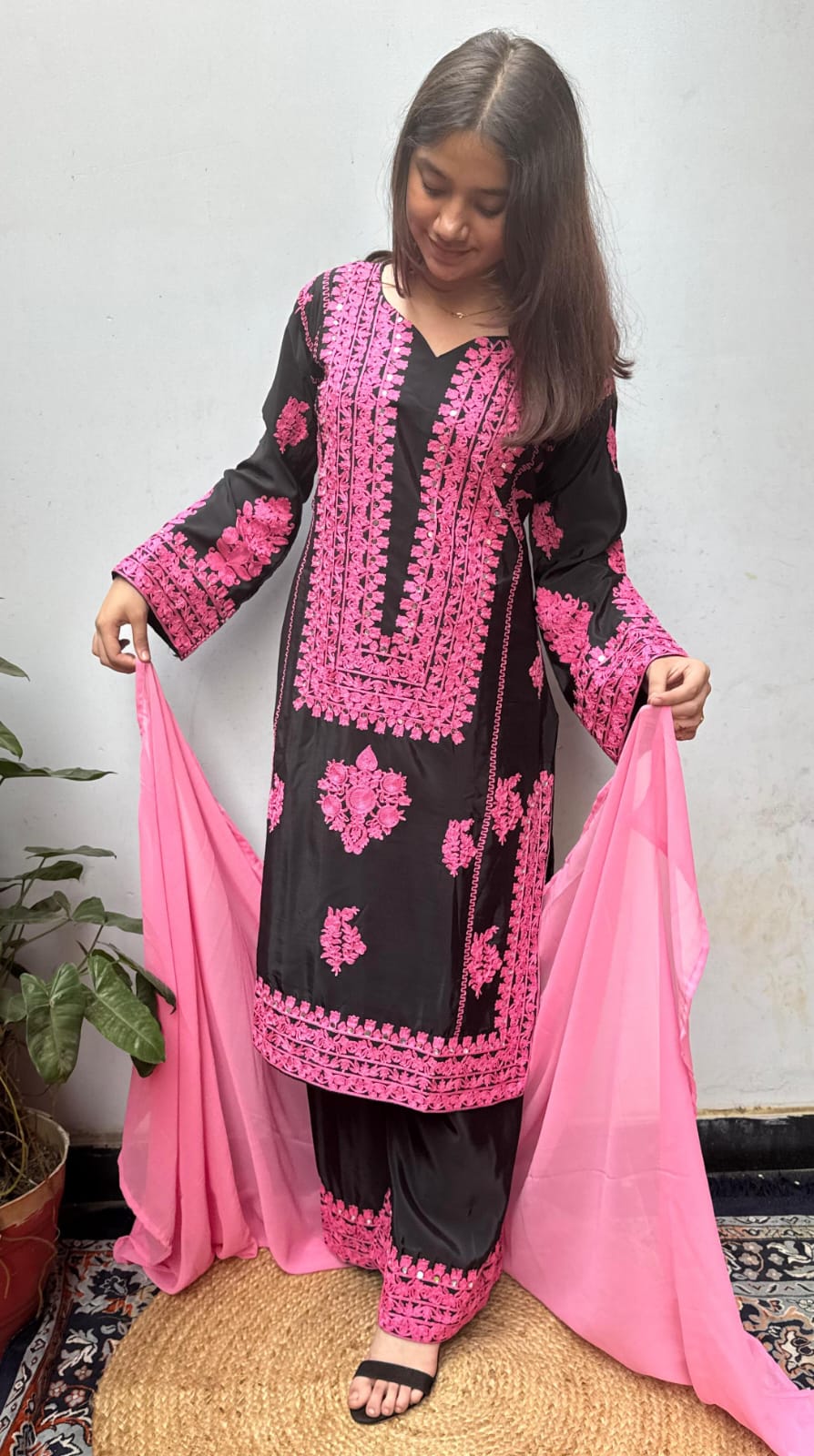 Black Pink Heavy Embroidered  Farsi Salwar Dupatta Set