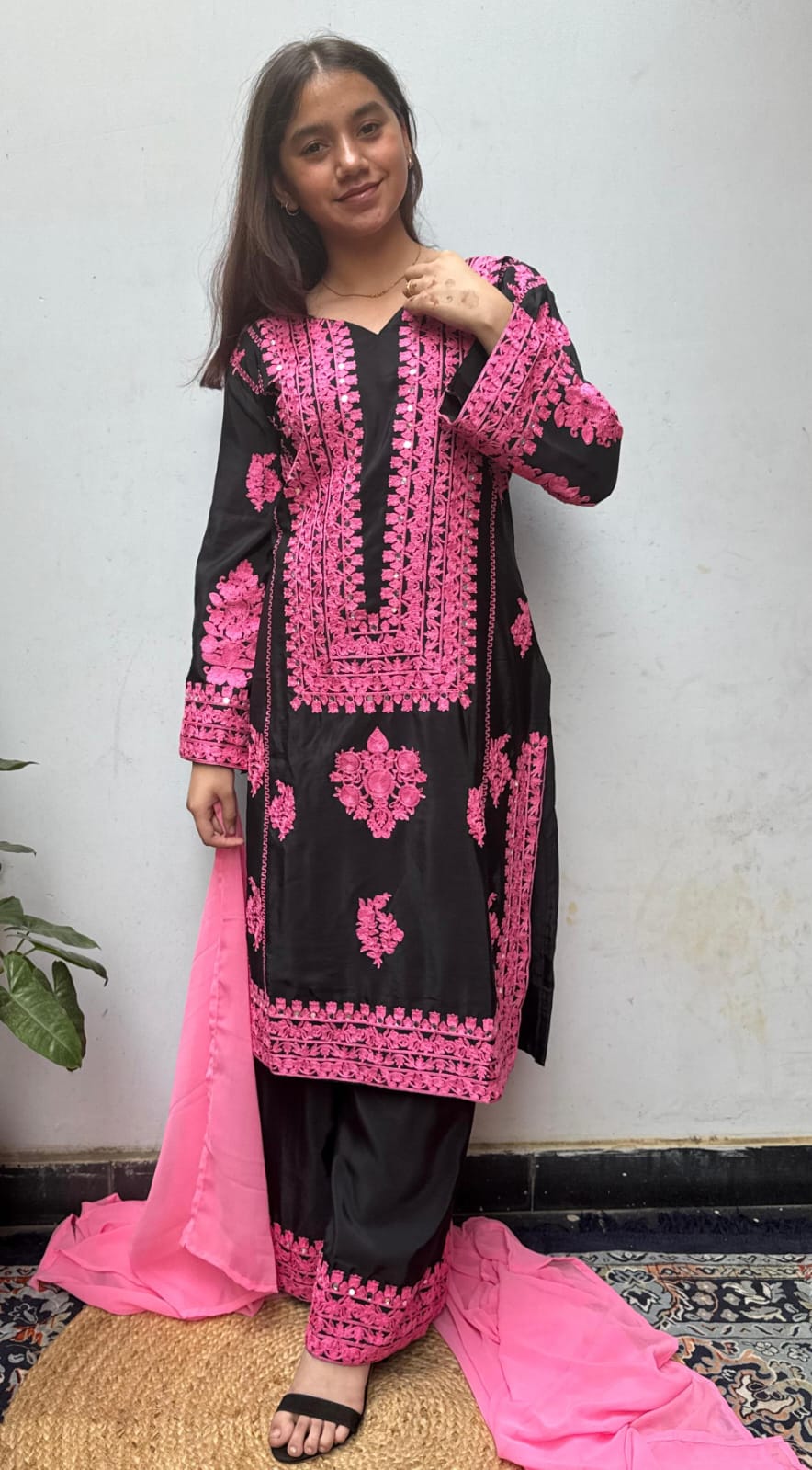 Black Pink Heavy Embroidered  Farsi Salwar Dupatta Set