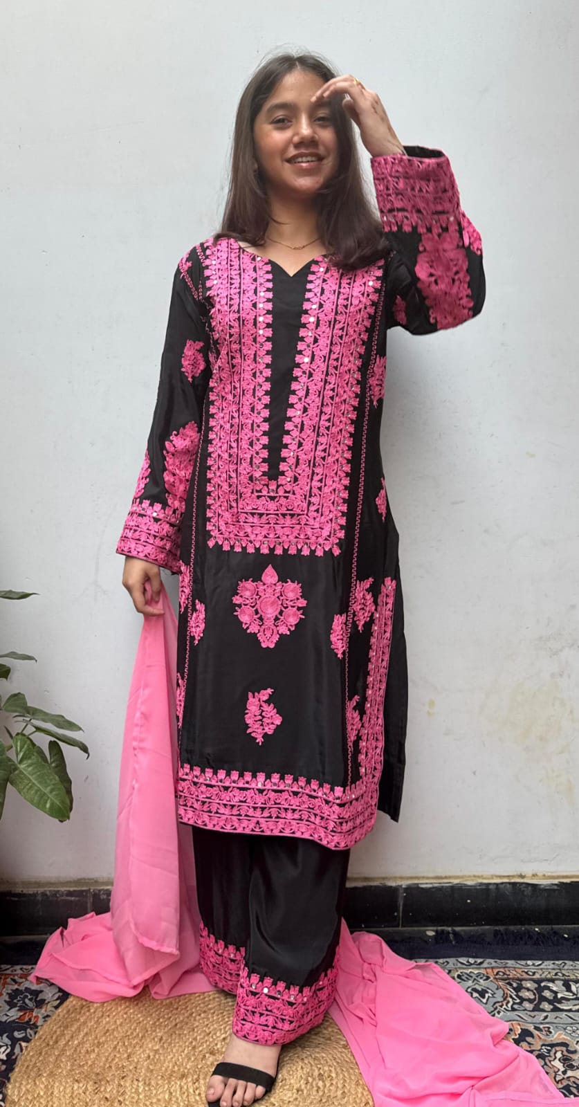 Black Pink Heavy Embroidered  Farsi Salwar Dupatta Set