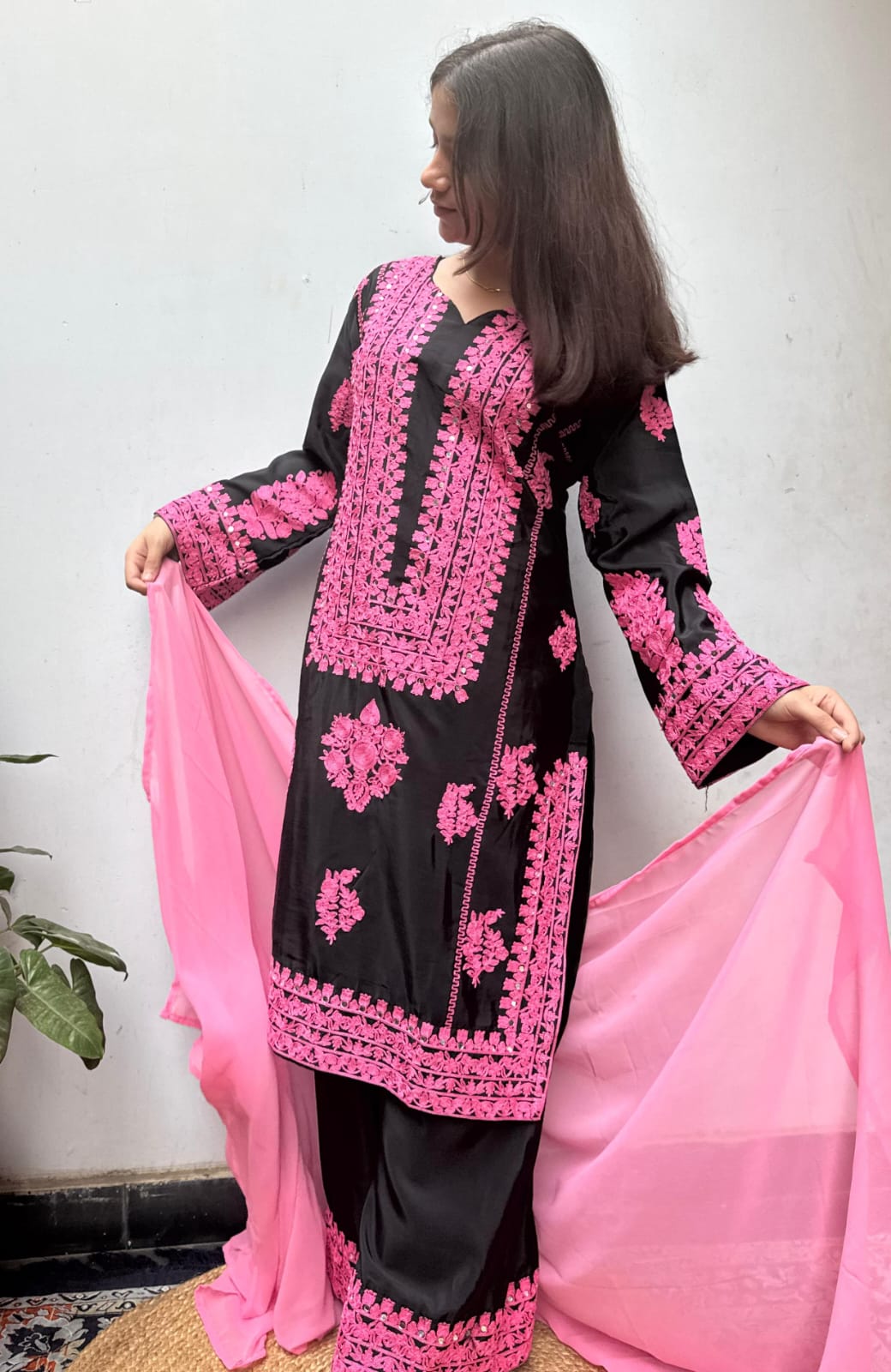 Black Pink Heavy Embroidered  Farsi Salwar Dupatta Set