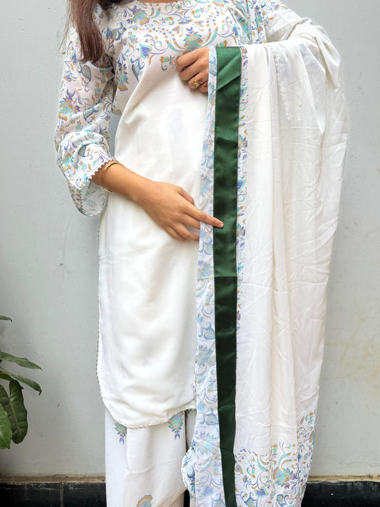 White Blue Printed Georgette  Farsi Salwar Suit Dupatta Set