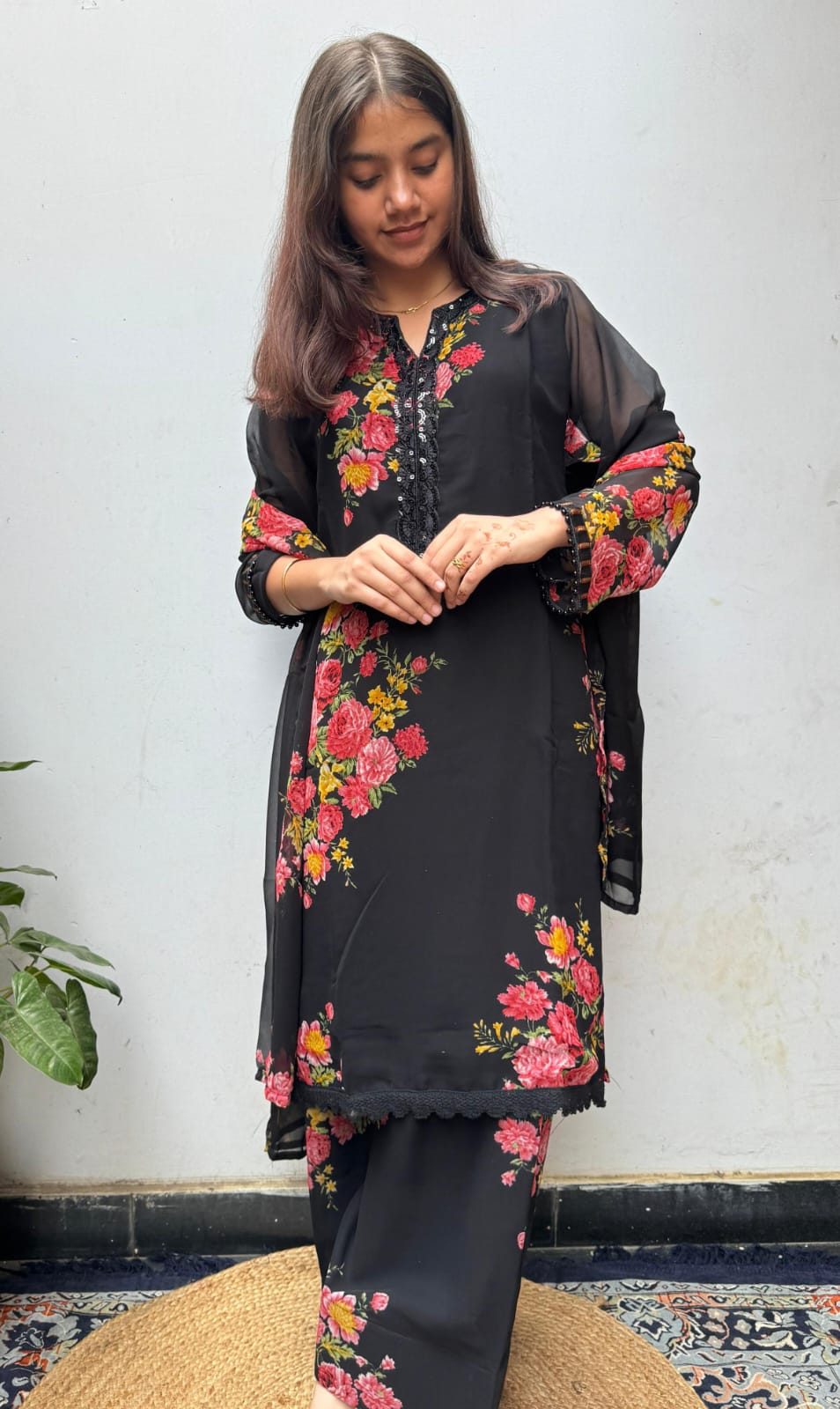 Black Floral Georgette Farsi Salwar suit Dupatta Set