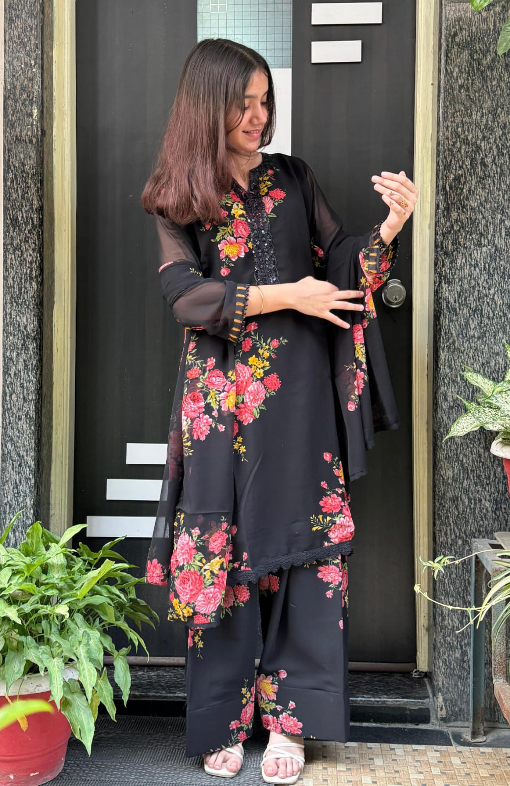 Black Floral Georgette Farsi Salwar suit Dupatta Set