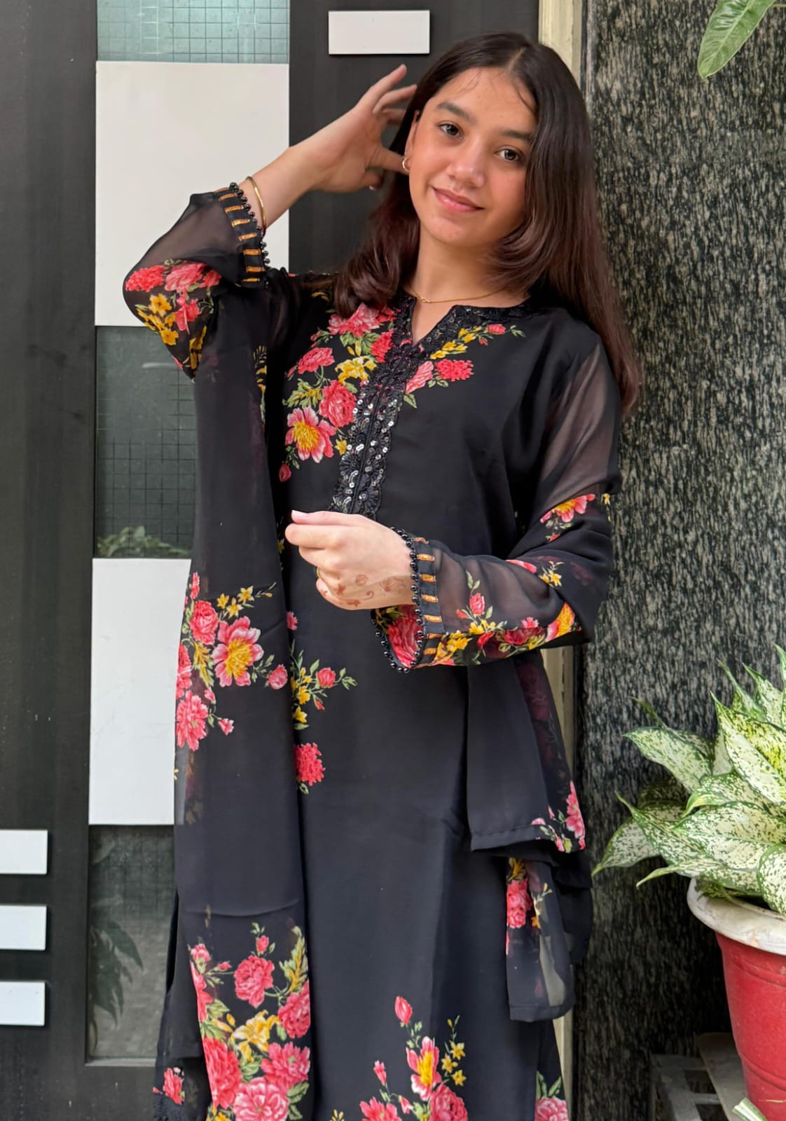 Black Floral Georgette Farsi Salwar suit Dupatta Set