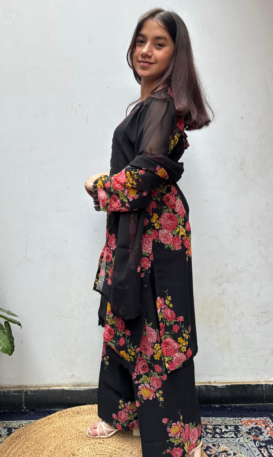 Black Floral Georgette Farsi Salwar suit Dupatta Set