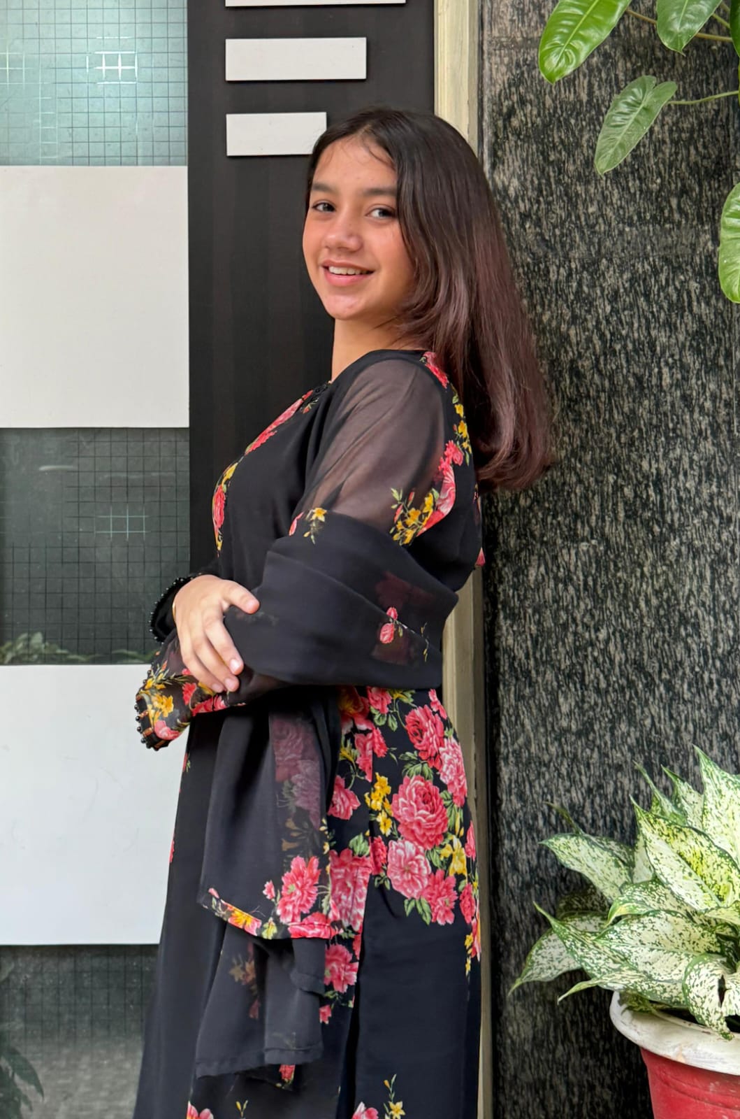 Black Floral Georgette Farsi Salwar suit Dupatta Set