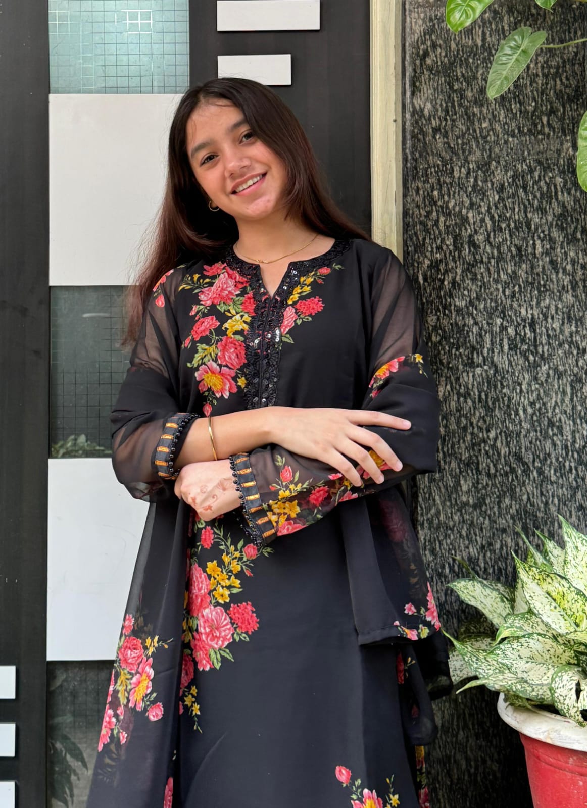 Black Floral Georgette Farsi Salwar suit Dupatta Set