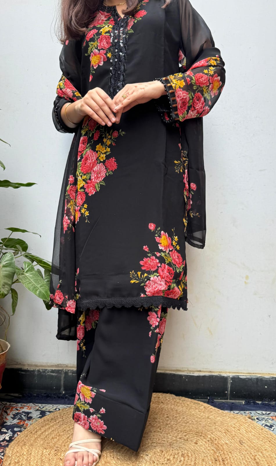 Black Floral Georgette Farsi Salwar suit Dupatta Set