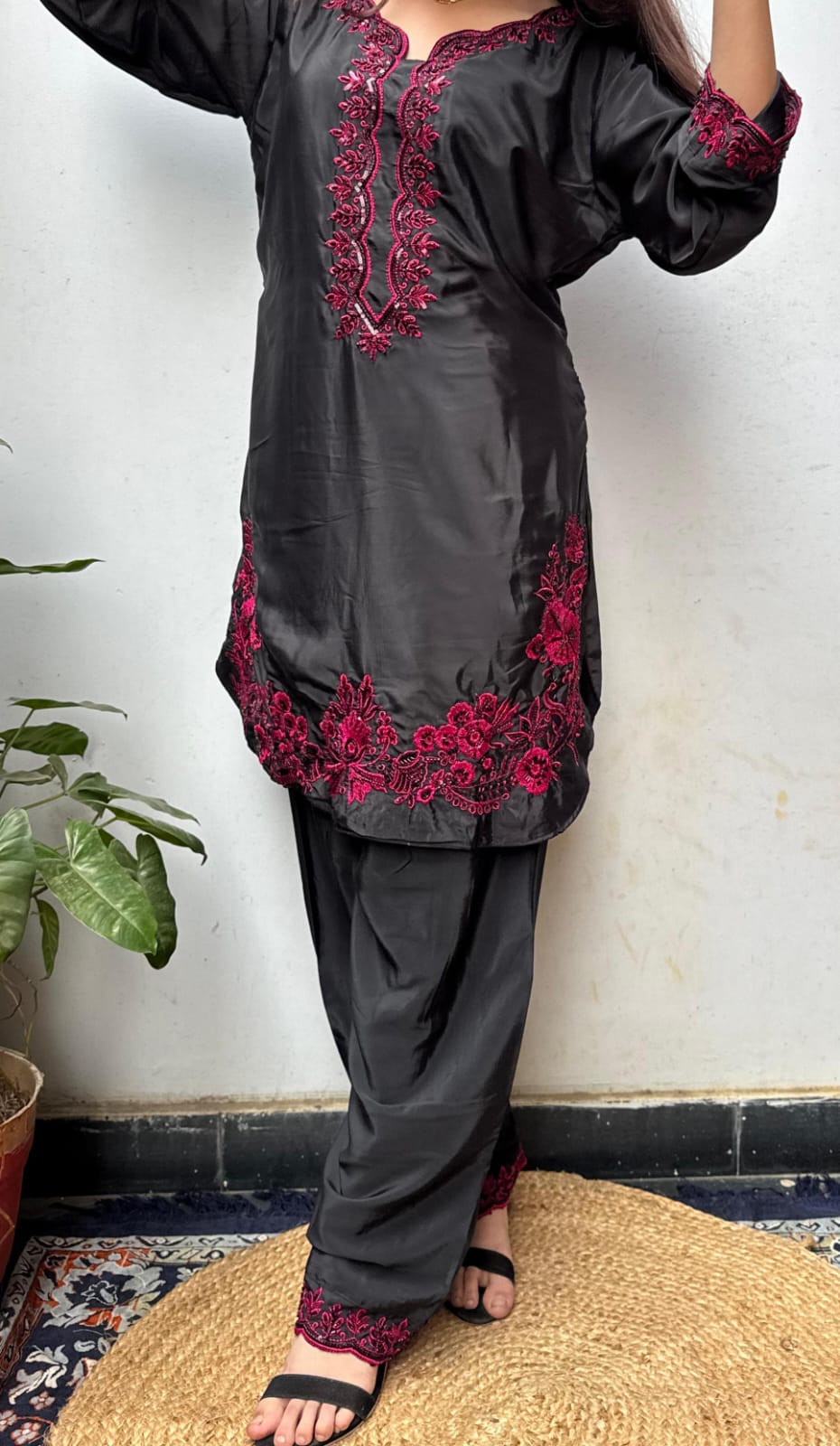 Black Pink Embroidered Georgette  Farsi Salwar Dupatta Set