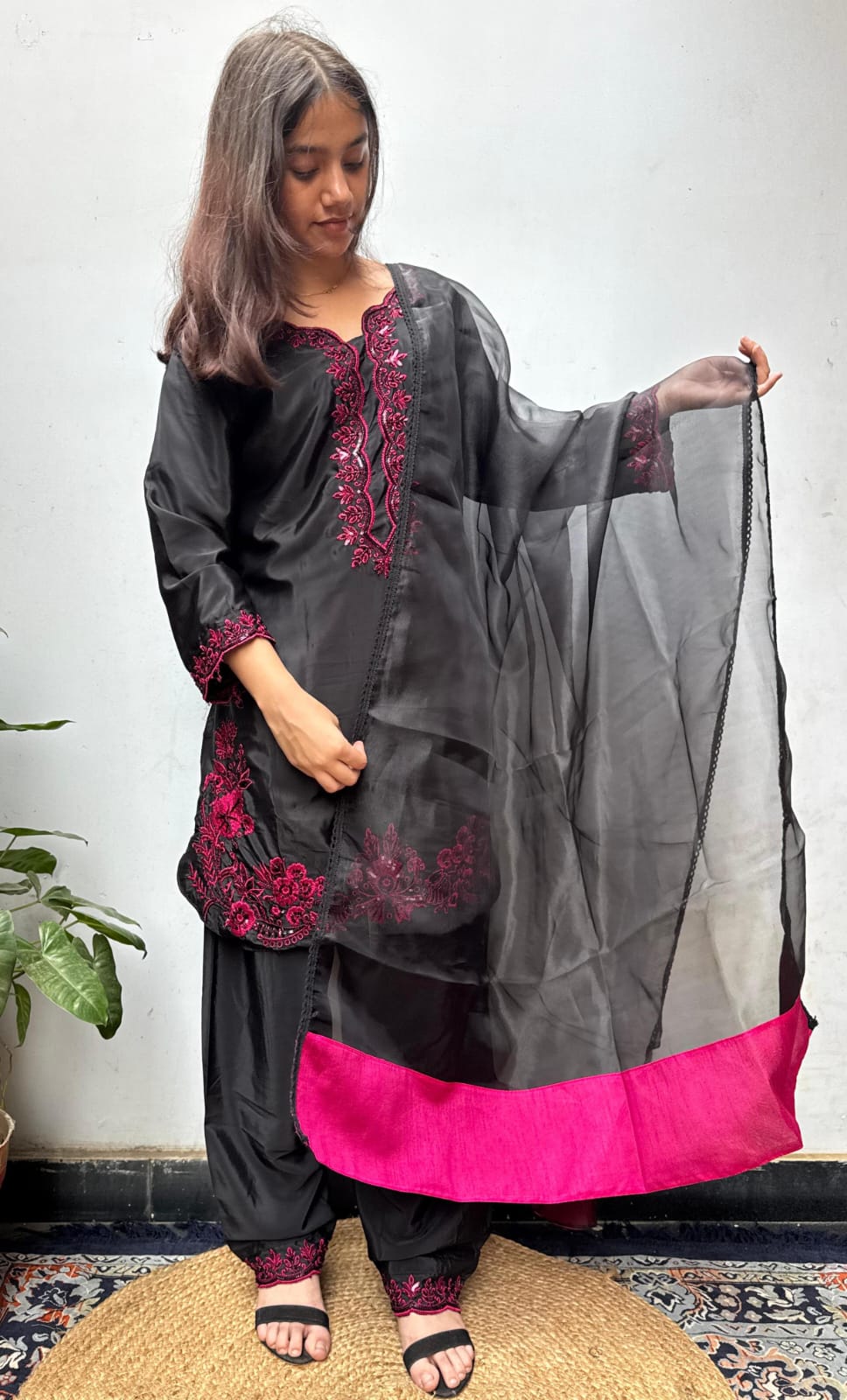 Black Pink Embroidered Georgette  Farsi Salwar Dupatta Set