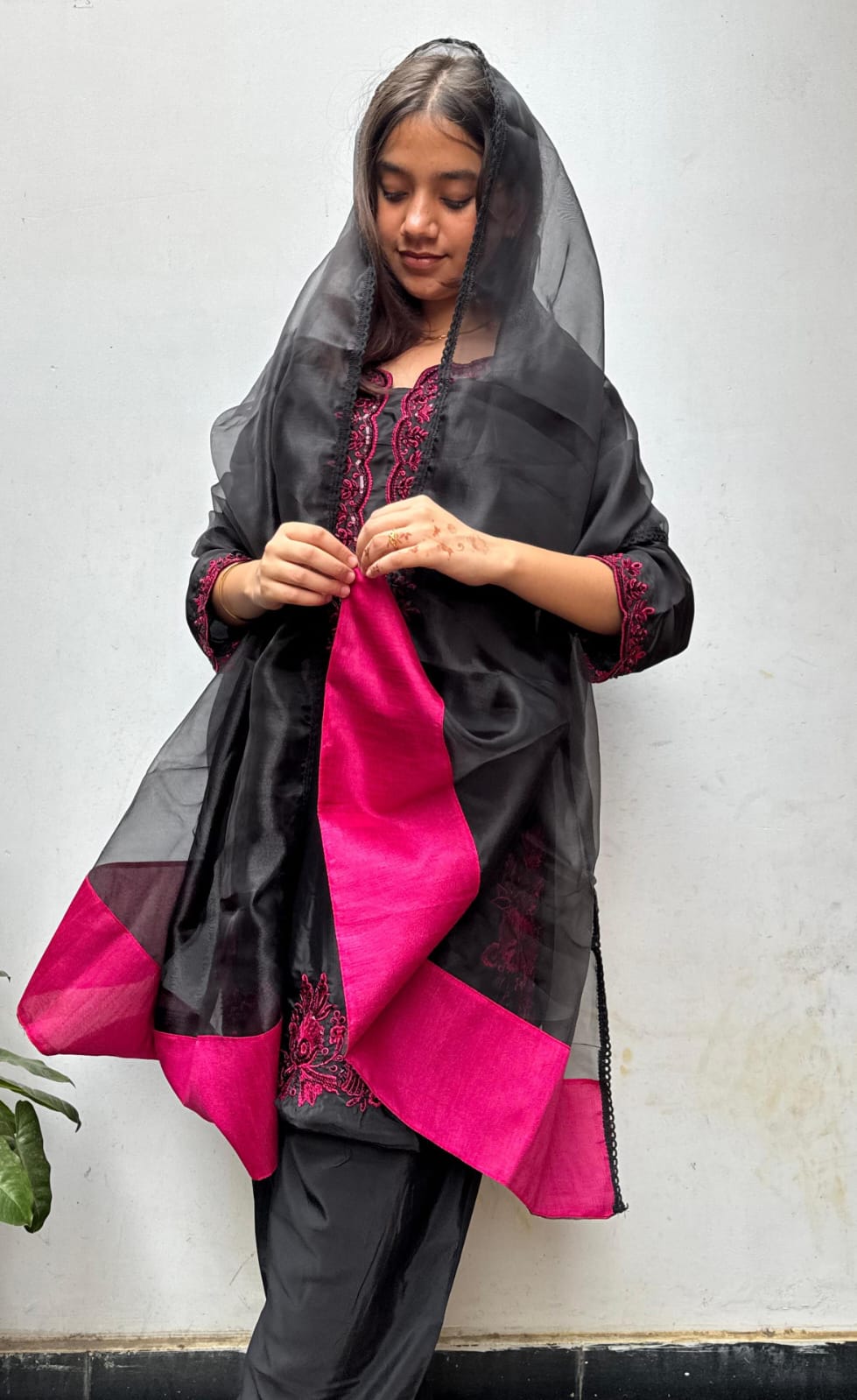 Black Pink Embroidered Georgette  Farsi Salwar Dupatta Set