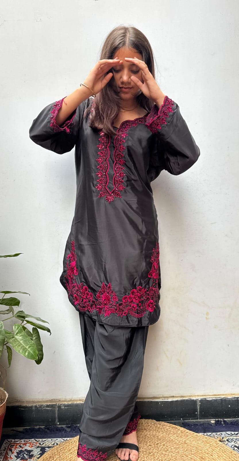 Black Pink Embroidered Georgette  Farsi Salwar Dupatta Set