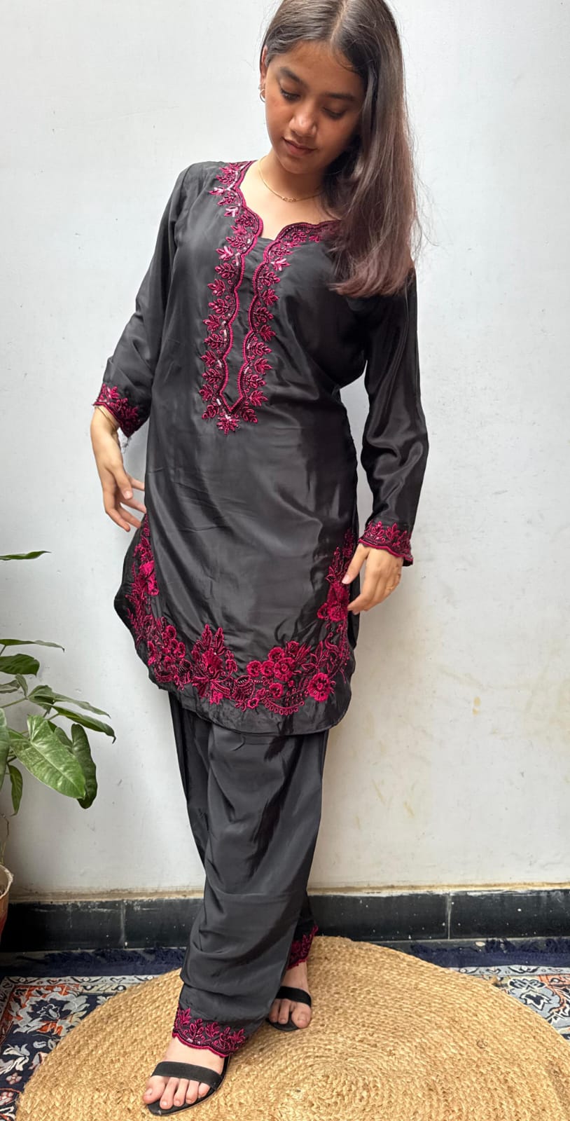 Black Pink Embroidered Georgette  Farsi Salwar Dupatta Set