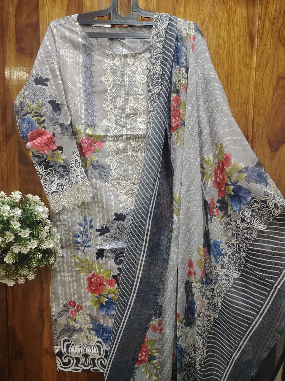 Grey  Embroidery Kurti Pant Dupatta Set