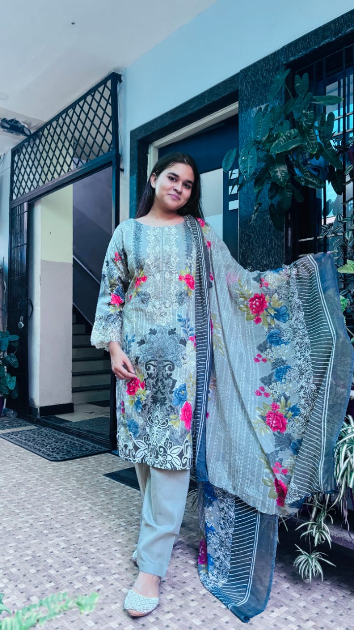 Grey  Embroidery Kurti Pant Dupatta Set