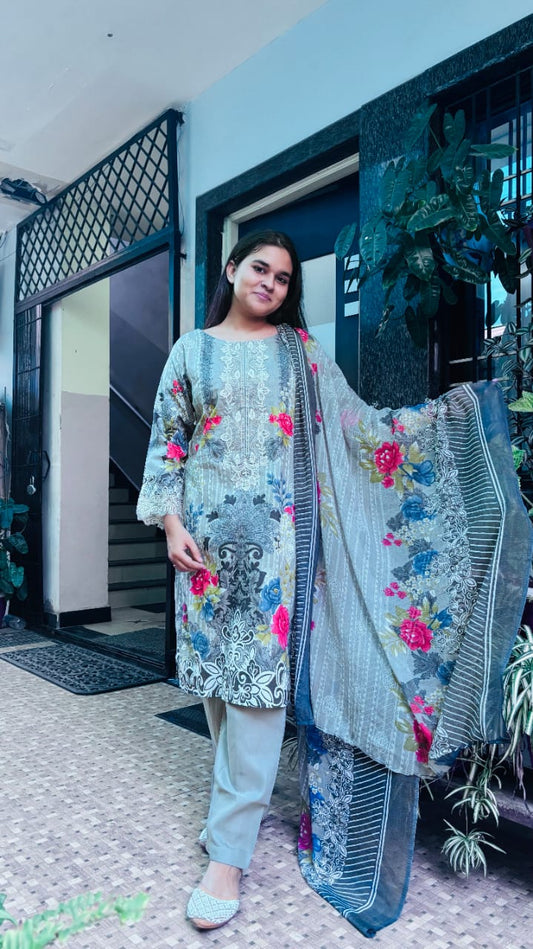 Grey  Embroidery Kurti Pant Dupatta Set
