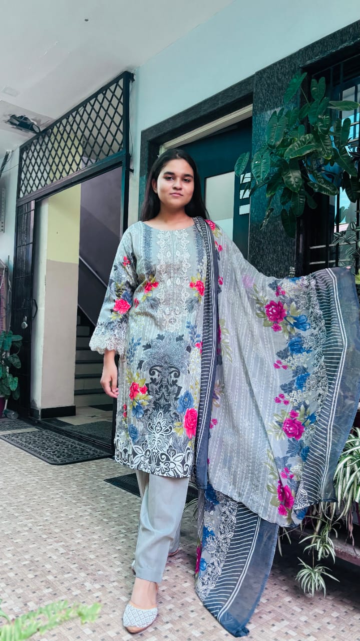Grey  Embroidery Kurti Pant Dupatta Set