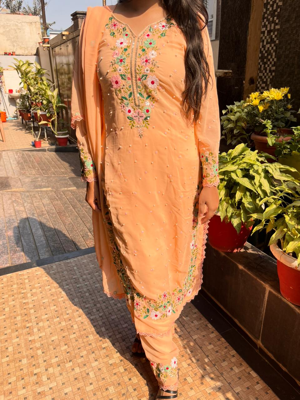 Peach Georgette Embroidered Kurti pant & Dupatta set
