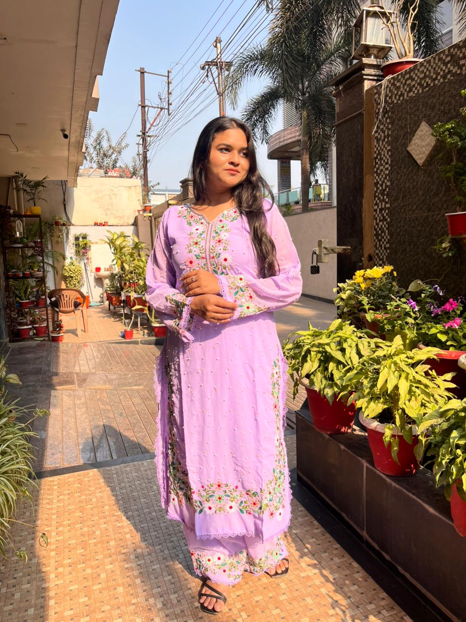 Lavender Georgette Embroidered Kurti Pant dupatta Set