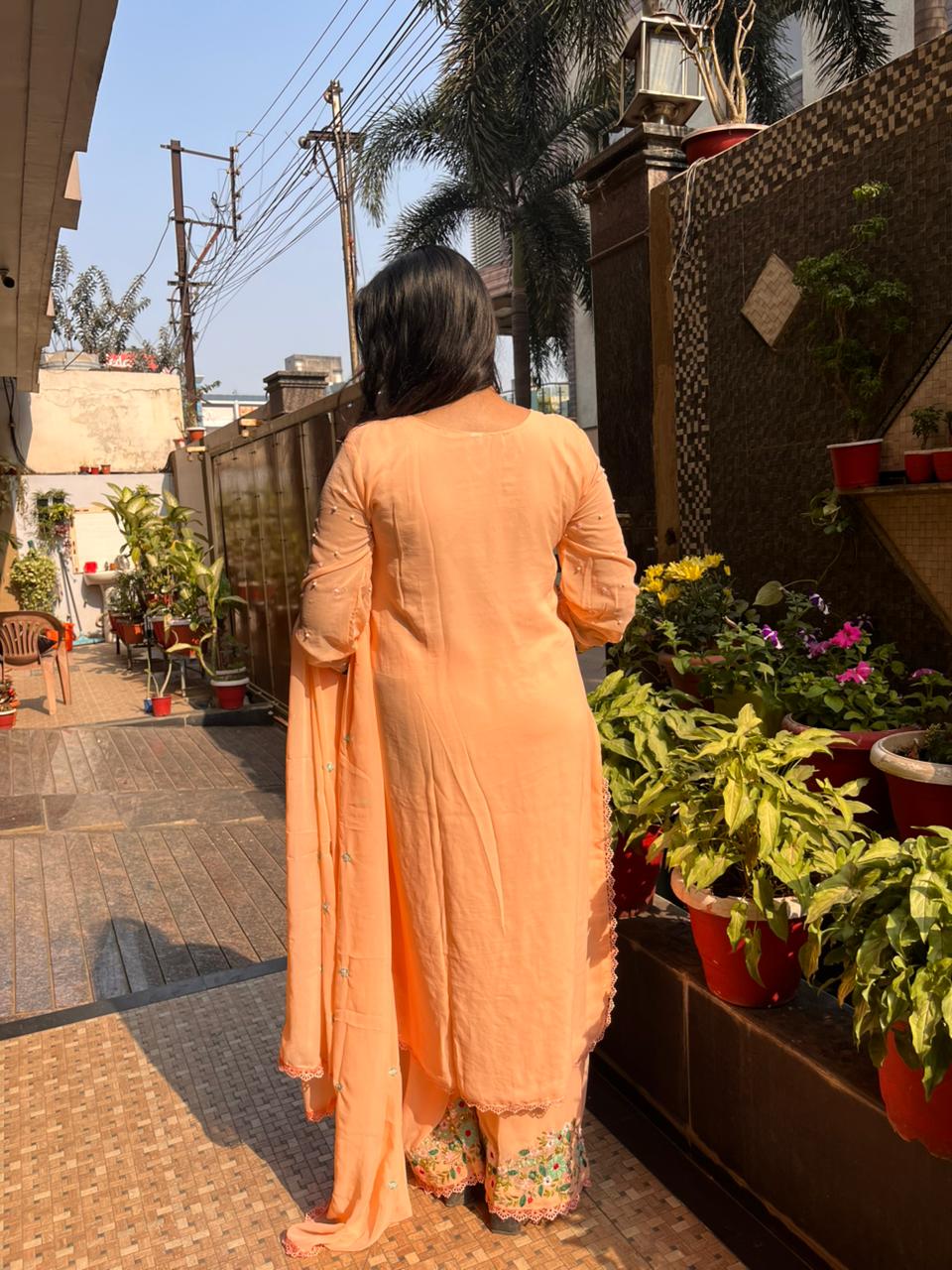 Peach Georgette Embroidered Kurti pant & Dupatta set