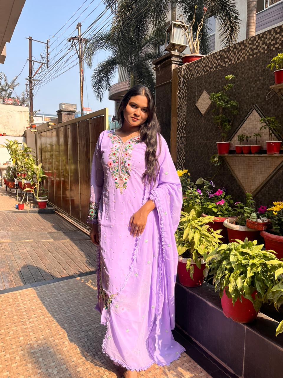 Lavender Georgette Embroidered Kurti Pant dupatta Set