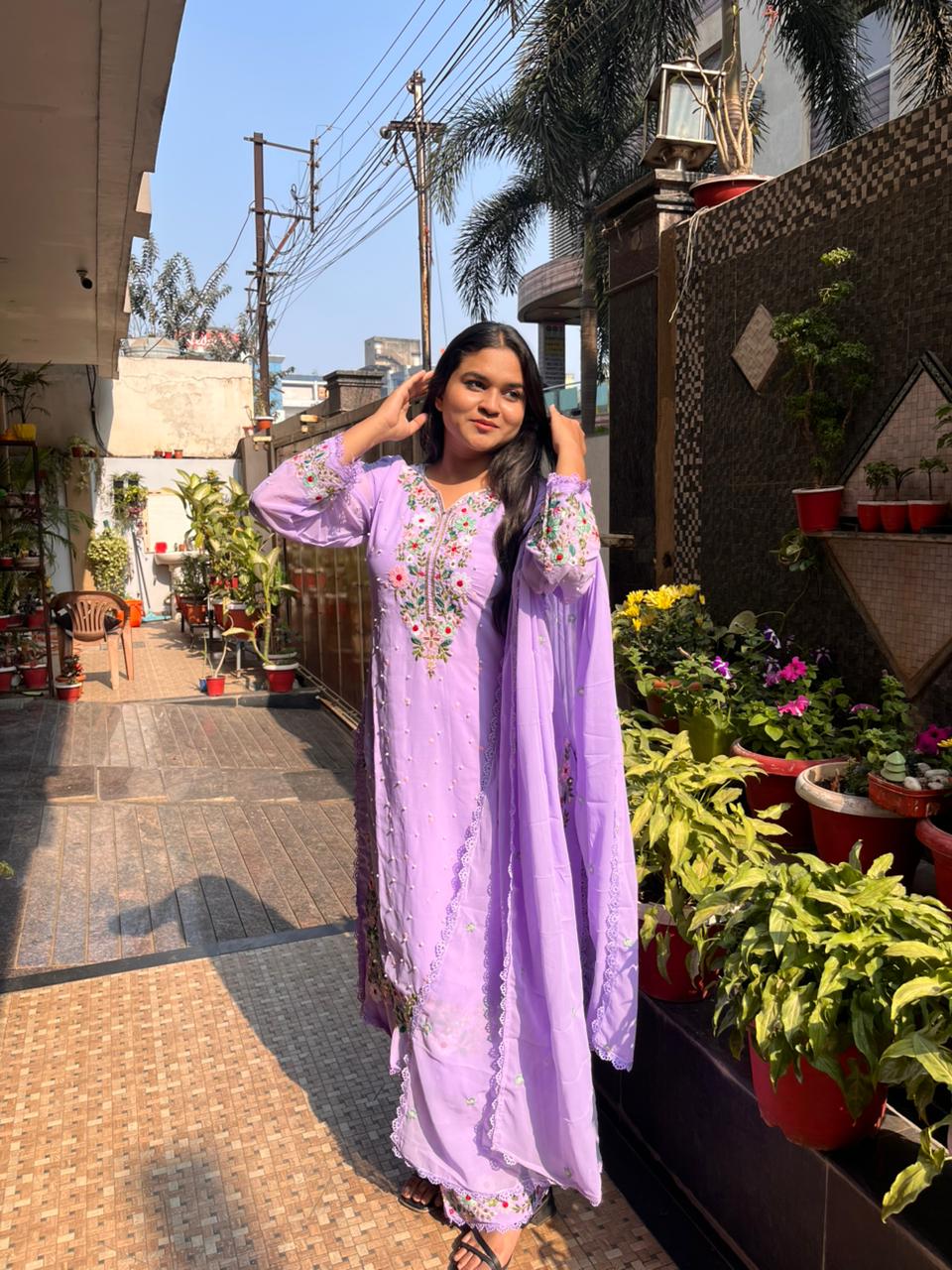 Lavender Georgette Embroidered Kurti Pant dupatta Set