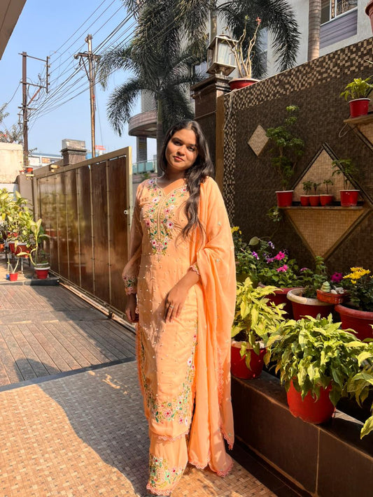 Peach Georgette Embroidered Kurti pant & Dupatta set